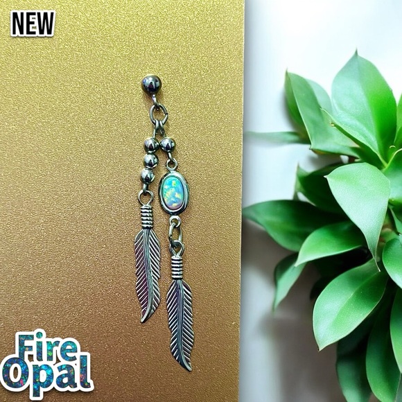 New Elegant Fire Opal Silver Leafs Dangle Earrings - Picture 5 of 7